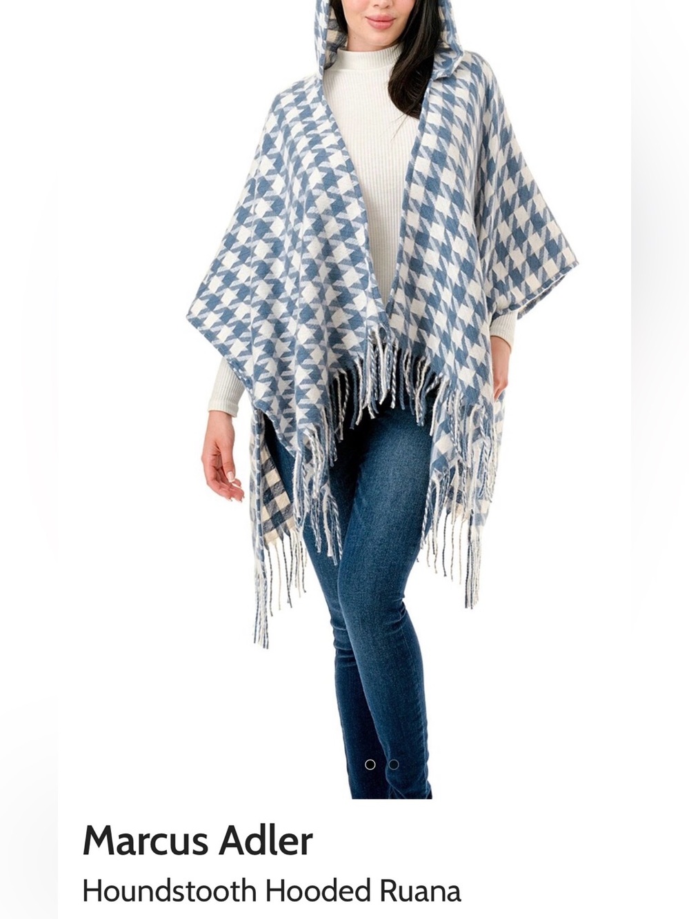 Marcus Adler Houndstooth Hooded Ruana /Cape Blue/White Check OS NWT